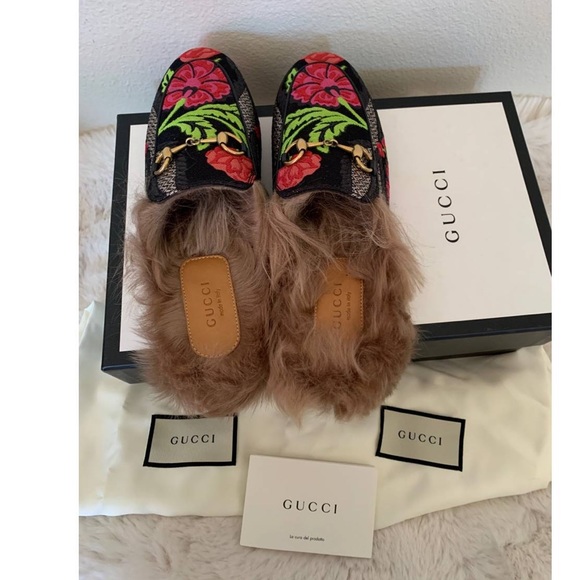 New Gucci Princetown fur Tapestry Brocade Fur Floral slippers flats - Picture 11 of 11